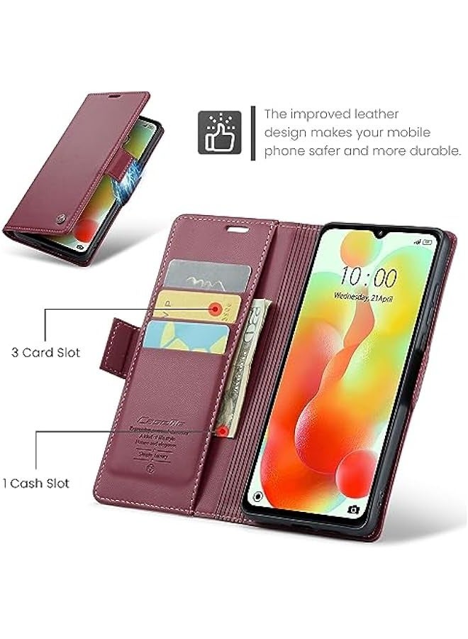 حافظة جلدية فاخرة لهاتف شاومي ريدمي 12C، تحمي من RFID والصدمات، مع حامل بطاقة ائتمانية يتسع لثلاث بطاقات، بلون أحمر نبيذ جذاب. - Image 3