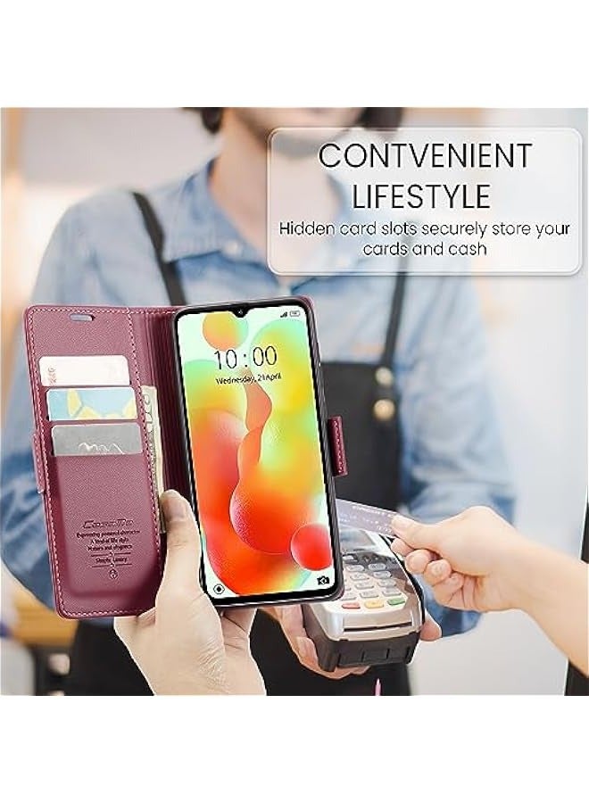 حافظة جلدية فاخرة لهاتف شاومي ريدمي 12C، تحمي من RFID والصدمات، مع حامل بطاقة ائتمانية يتسع لثلاث بطاقات، بلون أحمر نبيذ جذاب. - Image 5