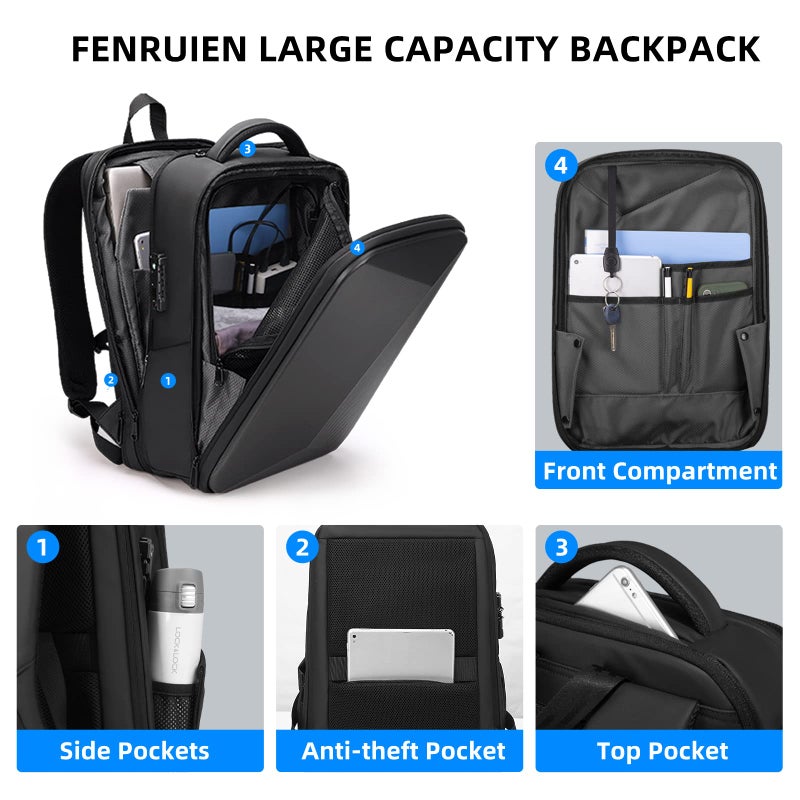 FENRUIEN Anti Theft Laptop Backpack for Men, Expandable Water Resistant Hardshell Backpack with USB Port, Black Business Travel Computer Bag 15.6 Inch - Image 3