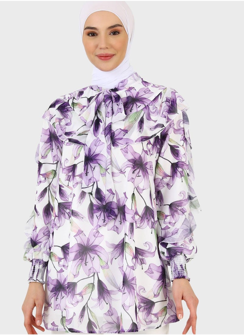 Refka by modanisa - Floral Print Puff Sleeve Top - Image 1