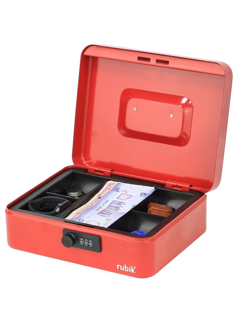 Rubik صندوق نقود كبير مع صينية وقفل مركب، صندوق نقود محمول ومتين، آمن للفواتير والمجوهرات والإيصالات والعملات المعدنية (25 × 20 × 9 سم) أحمر - Image 1