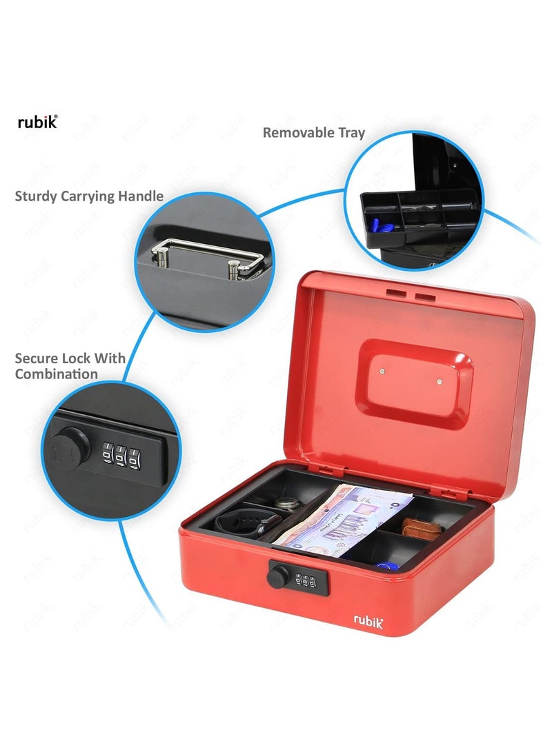 Rubik صندوق نقود كبير مع صينية وقفل مركب، صندوق نقود محمول ومتين، آمن للفواتير والمجوهرات والإيصالات والعملات المعدنية (25 × 20 × 9 سم) أحمر - Image 3
