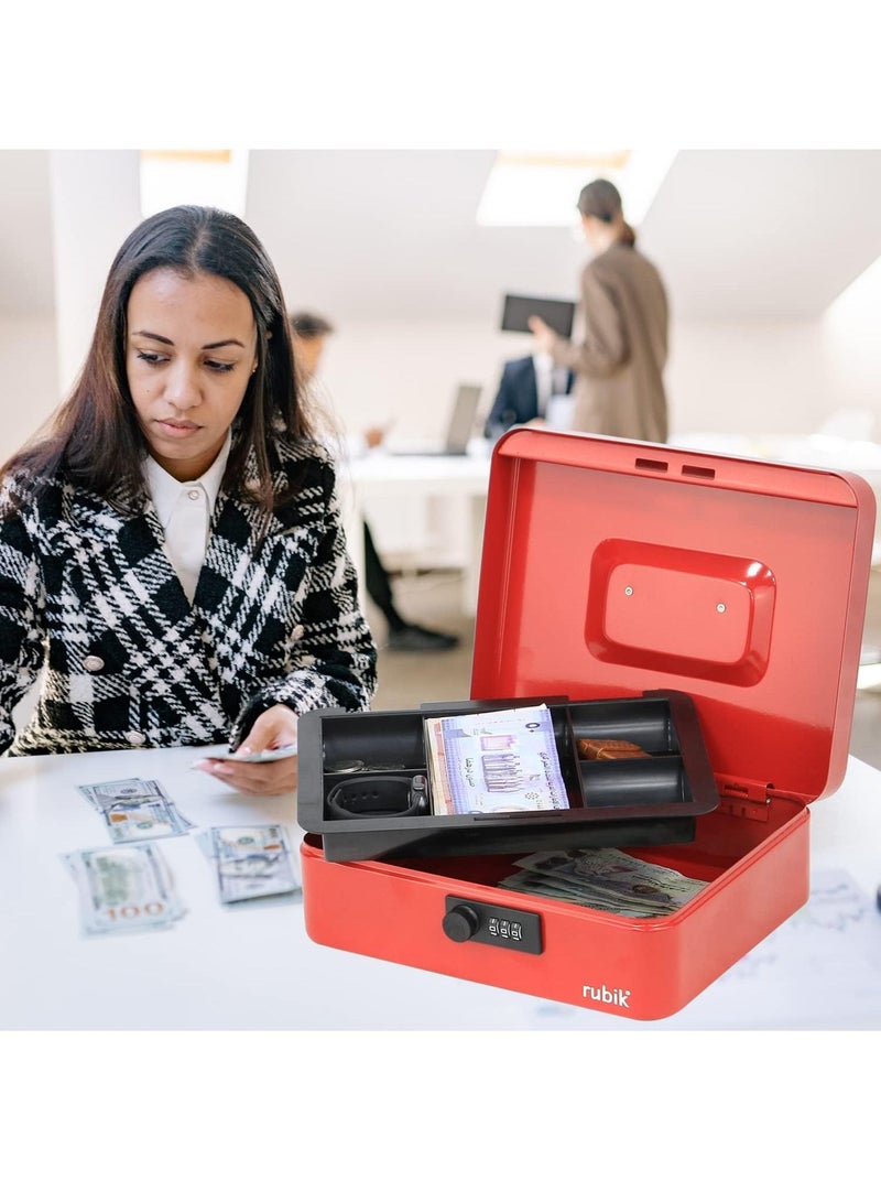 Rubik صندوق نقود كبير مع صينية وقفل مركب، صندوق نقود محمول ومتين، آمن للفواتير والمجوهرات والإيصالات والعملات المعدنية (25 × 20 × 9 سم) أحمر - Image 2