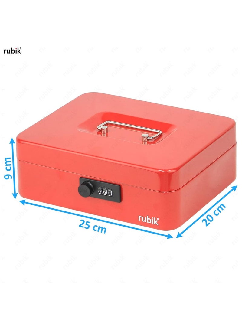 Rubik صندوق نقود كبير مع صينية وقفل مركب، صندوق نقود محمول ومتين، آمن للفواتير والمجوهرات والإيصالات والعملات المعدنية (25 × 20 × 9 سم) أحمر - Image 4