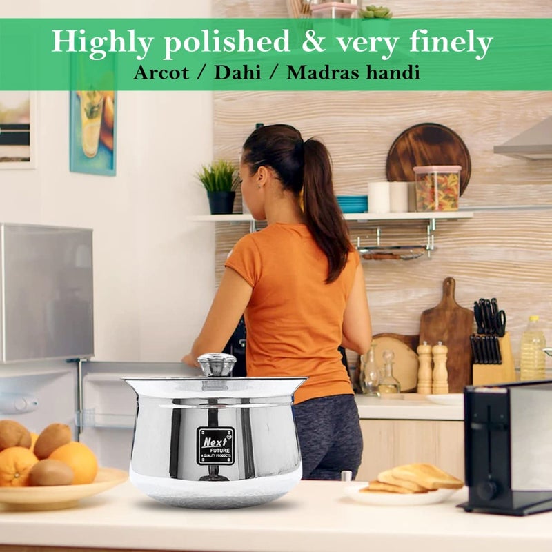 Next Future - 2500ml, Heavy Gauge Dahi/Curd/Milk Pot Stainless Steel Handi/Bartan/Utensils, Highly Polished Cookware & Serveware Handi for Kitchen with Lid & Knob (2500ml) - Image 3