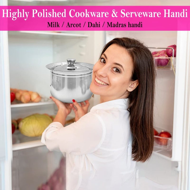 Next Future - 2500ml, Heavy Gauge Dahi/Curd/Milk Pot Stainless Steel Handi/Bartan/Utensils, Highly Polished Cookware & Serveware Handi for Kitchen with Lid & Knob (2500ml) - Image 2