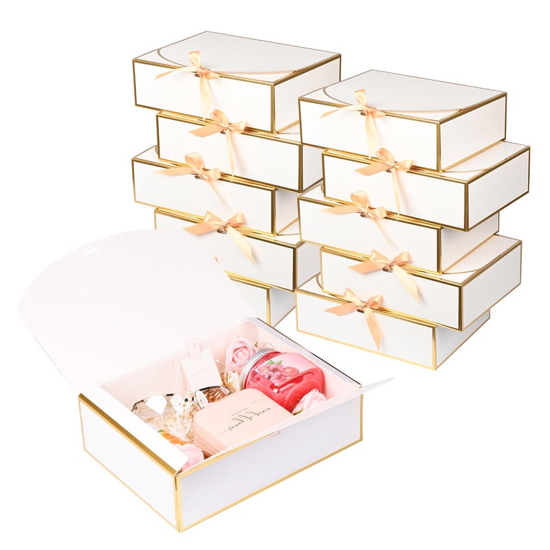 WLUSEAXI 10 Pack Gold Foil Gift Boxes with Lids, 10.6x7.8x3.1Inch Luxury Bridesmaid Proposal Box, White Gift Boxes for Presents, Wedding, Baby Shower, Birthday Party - Image 1