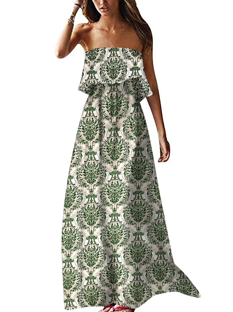 ZMPSIISA Women's Summer Off The Shoulder Maxi Dress Ruffle Strapless Blue White Porcelain Boho Casual Loose Long Dresses(A-Porcelain Green,Small) - Image 1