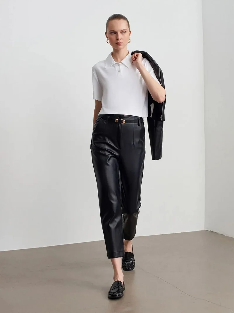 ديلفين DILVIN Women's High-waist Faux Leather Straight Trousers