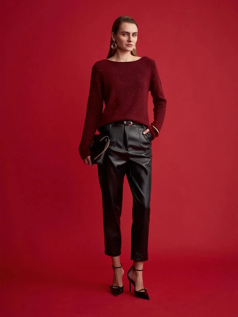 ديلفين DILVIN Women's High-waist Faux Leather Straight Trousers