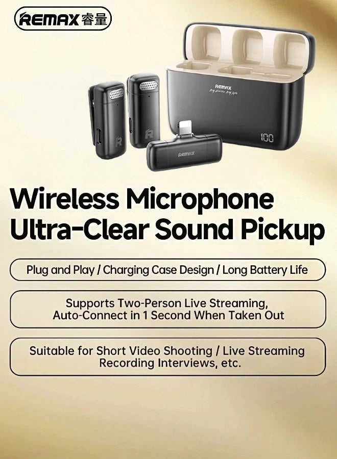 REMAX K15 Wireless Lavalier Microphone, Lightning Microphone, Plug-Play, With Noise Cancellation, Battery Compartment, Charging While in Use, Compatible With iPhone/iPad, Suitable For Video Recording/Live Streaming/Interviews/TikTok/YouTube (2 Mic). - Image 2