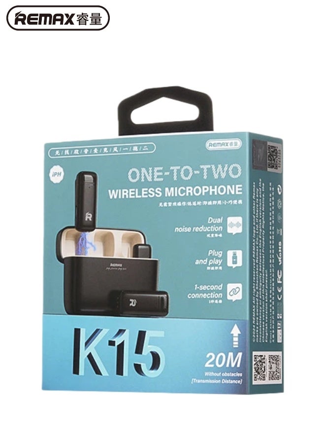 REMAX K15 Wireless Lavalier Microphone, Lightning Microphone, Plug-Play, With Noise Cancellation, Battery Compartment, Charging While in Use, Compatible With iPhone/iPad, Suitable For Video Recording/Live Streaming/Interviews/TikTok/YouTube (2 Mic). - Image 5