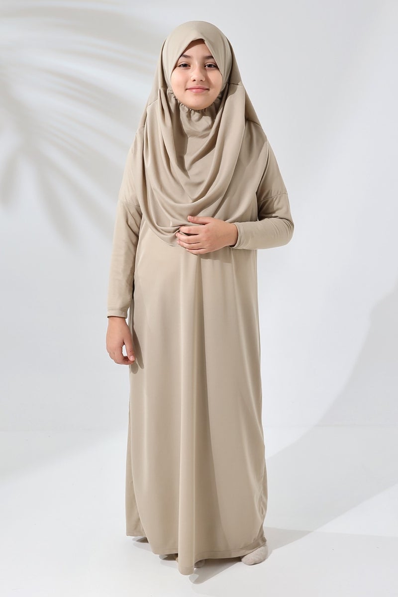 İhvan Online One Piece Practical Children's Prayer Dress with Headscarf Cream  - Image 2