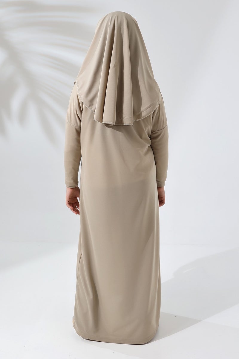 İhvan Online One Piece Practical Children's Prayer Dress with Headscarf Cream  - Image 3