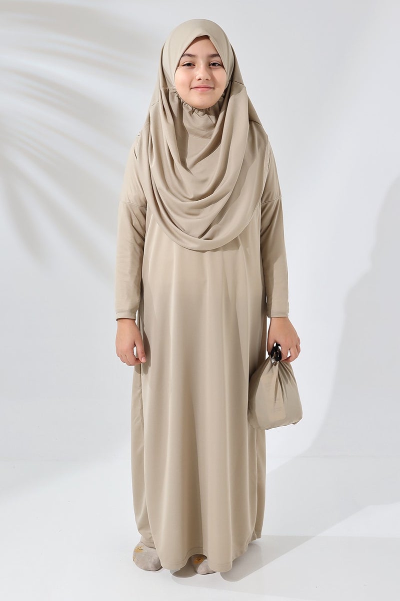 İhvan Online One Piece Practical Children's Prayer Dress with Headscarf Cream  - Image 1