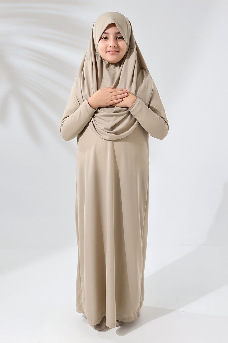 İhvan Online One Piece Practical Children's Prayer Dress with Headscarf Cream  - Image 4