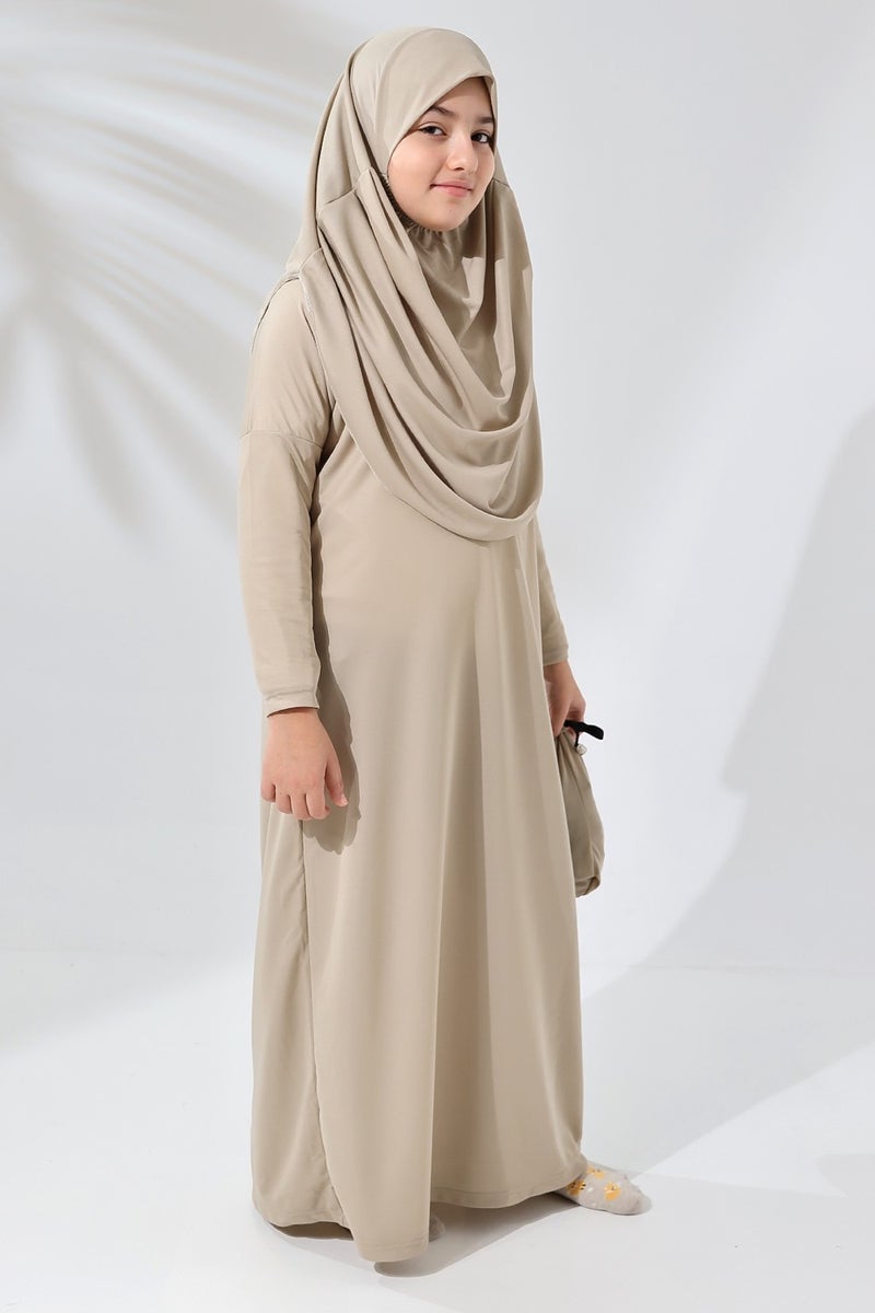 İhvan Online One Piece Practical Children's Prayer Dress with Headscarf Cream  - Image 5
