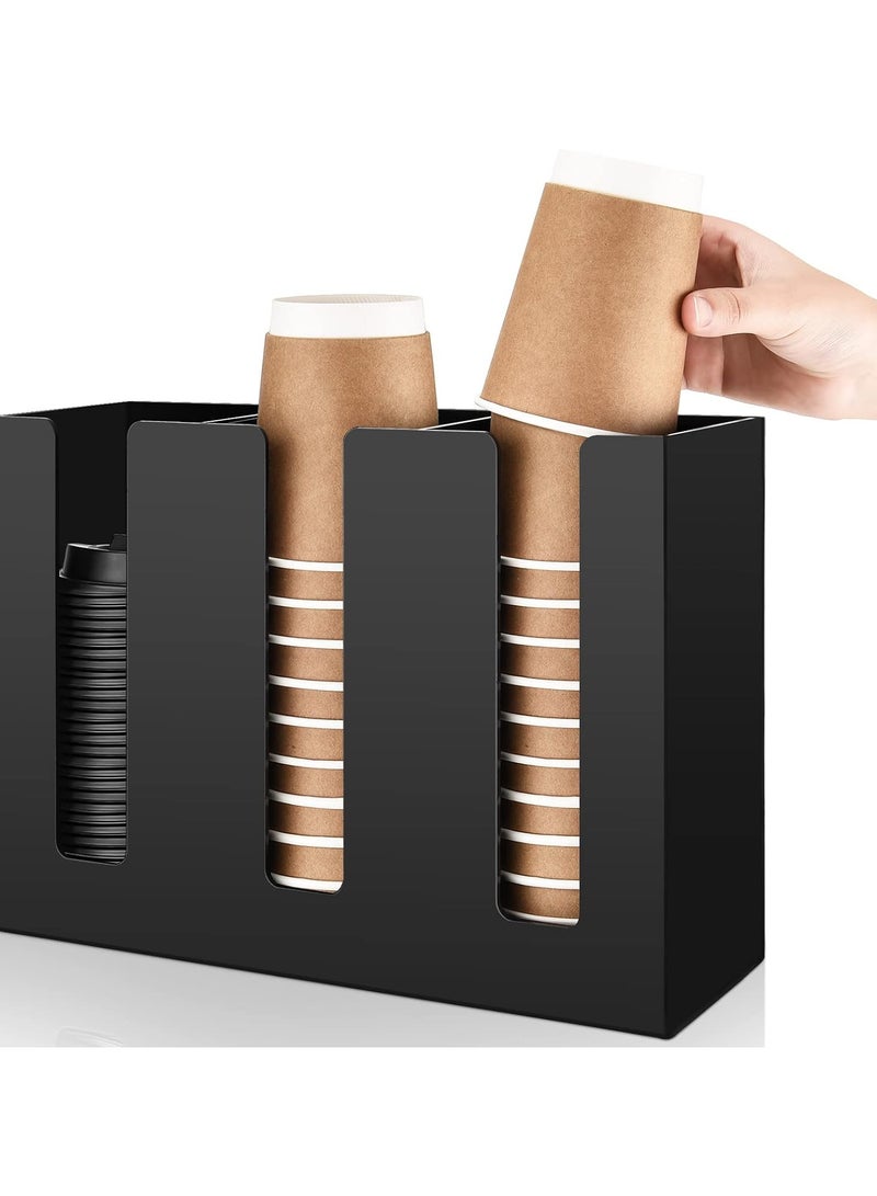 TPGP 3 Compartments Acrylic Coffee Cup Dispenser Organizer Paper Cup Lid Sleeve Holder Disposable Cup Organizer Coffee Shop Supplies Paper Cup Holder Cup Storage Organizer for Counter Wall (Black) - Image 1