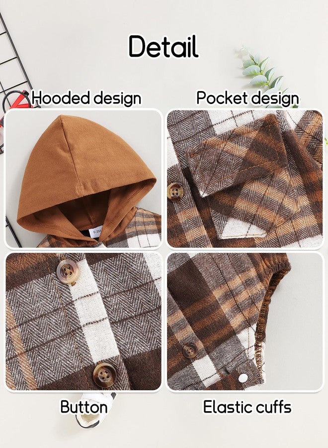 Fuermos Newborn Baby Boy Clothes Hooded Pocket Romper + Plaid Patchwork Pants Suit Infant Fall Winter Pants Outfit Set Brown 0-3Months - Image 3