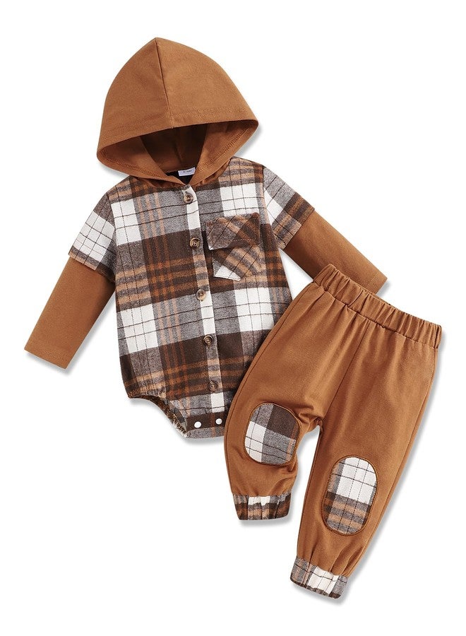 Fuermos Newborn Baby Boy Clothes Hooded Pocket Romper + Plaid Patchwork Pants Suit Infant Fall Winter Pants Outfit Set Brown 0-3Months - Image 1