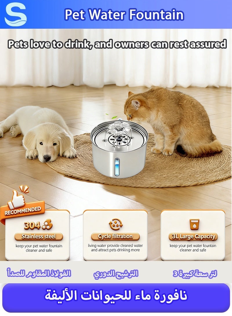 Serinovia Cat Water Fountain,Stainless Steel Pet Fountain with Quiet Pump,Large Capacity Pet Water Dispenser Suitable for Indoor Use - Automatic Pet Water Dispenser Bowl - Cat Feeding & Watering Supplies with Water Level Window - Image 3
