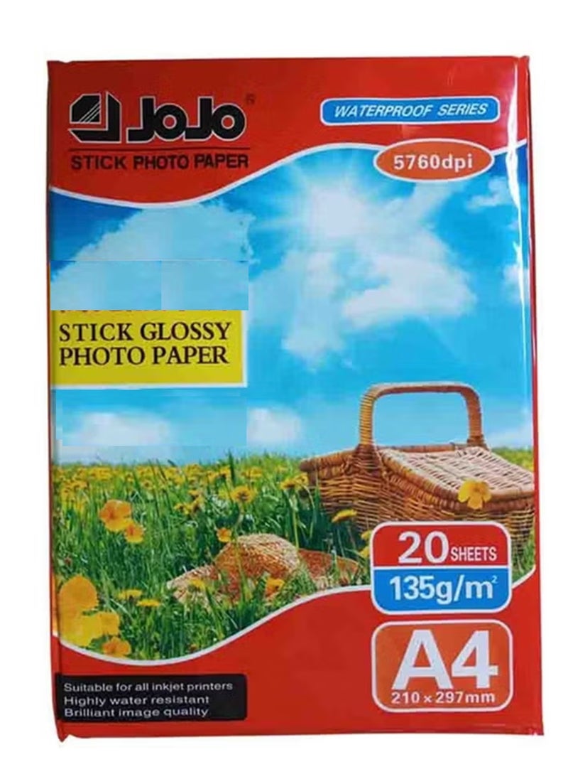 JOJO 20-Sheet A4 Size Glossy Photo Paper With Sticker 135gsm Thickness White  - Image 1