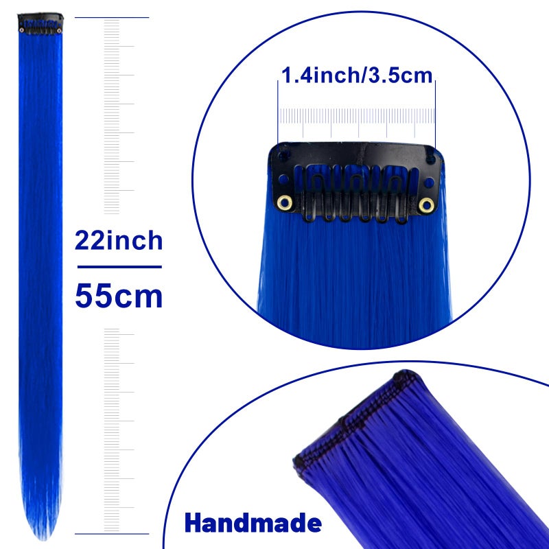 TOFAFA 22 inch Colored Hair Extensions, Colorful Party Highlights Hairpiece Clip in Long Straight Synthetic Hair Extensions for Christmas Girls Women Kids Cosplay Favor Gift(10 PCS Blue) - Image 4