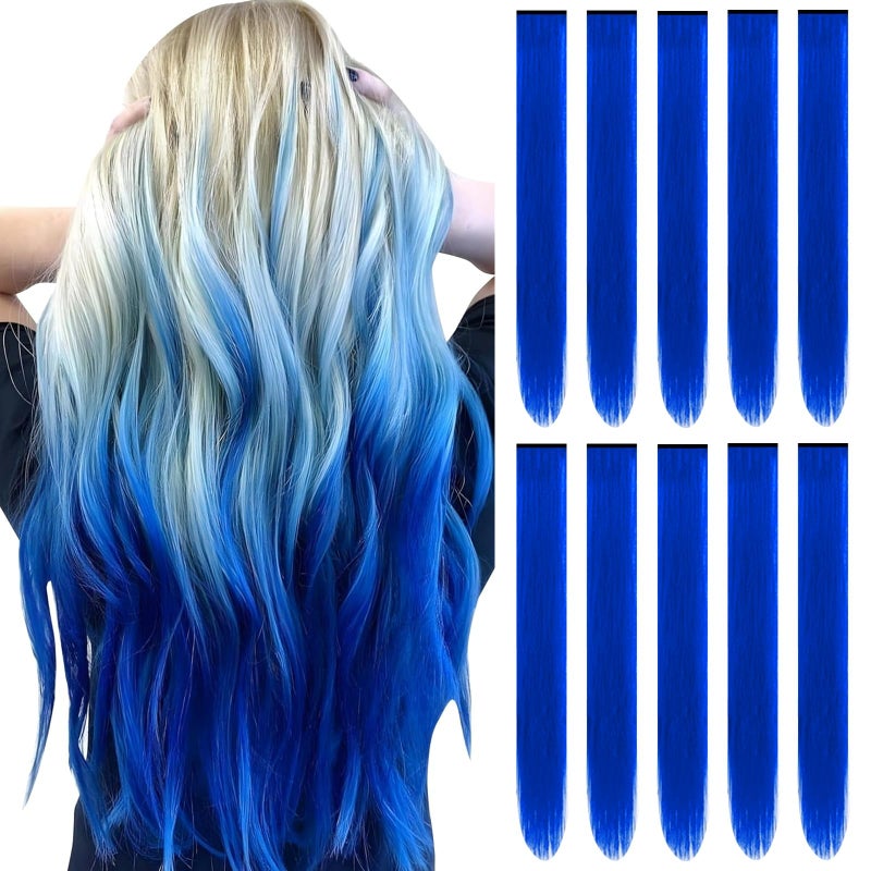 TOFAFA 22 inch Colored Hair Extensions, Colorful Party Highlights Hairpiece Clip in Long Straight Synthetic Hair Extensions for Christmas Girls Women Kids Cosplay Favor Gift(10 PCS Blue) - Image 1