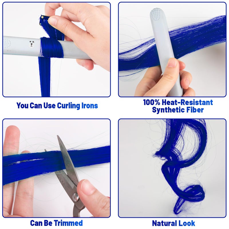 TOFAFA 22 inch Colored Hair Extensions, Colorful Party Highlights Hairpiece Clip in Long Straight Synthetic Hair Extensions for Christmas Girls Women Kids Cosplay Favor Gift(10 PCS Blue) - Image 5