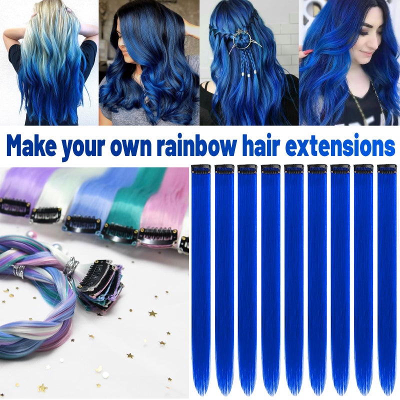 TOFAFA 22 inch Colored Hair Extensions, Colorful Party Highlights Hairpiece Clip in Long Straight Synthetic Hair Extensions for Christmas Girls Women Kids Cosplay Favor Gift(10 PCS Blue) - Image 2