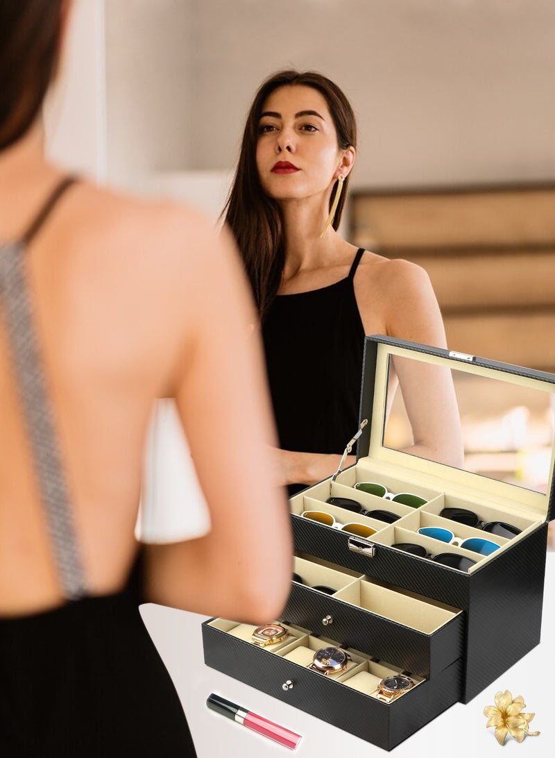 12 علبة ساعة وحافظة مجوهرات و12 قطعة لتخزين النظارات وعلبة عرض جلدية للنظارات الشمسية قابلة للقفل