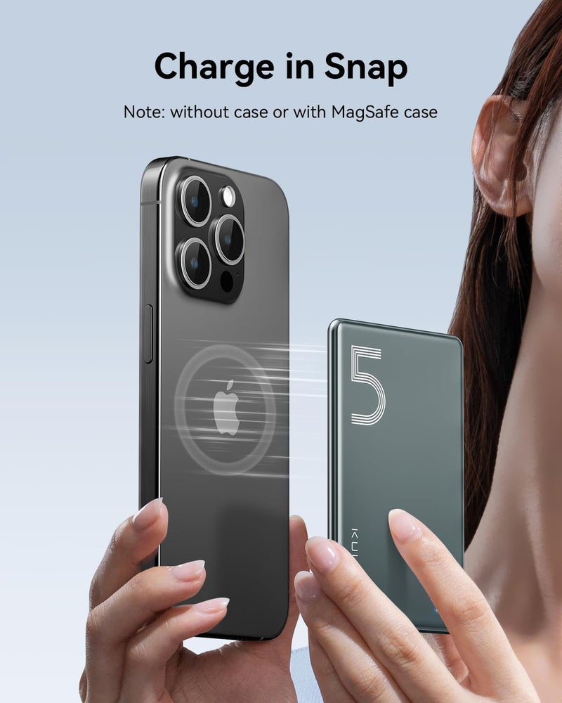 Kuulaa Magsafe Power Bank 5000mAh 20W, Portable Charger Fast Charging, Wireless Magnetic Power Bank, Magnetic Battery Pack Compatible With iPhone 17/16/15/14/13/12 Series - Gray - Image 3