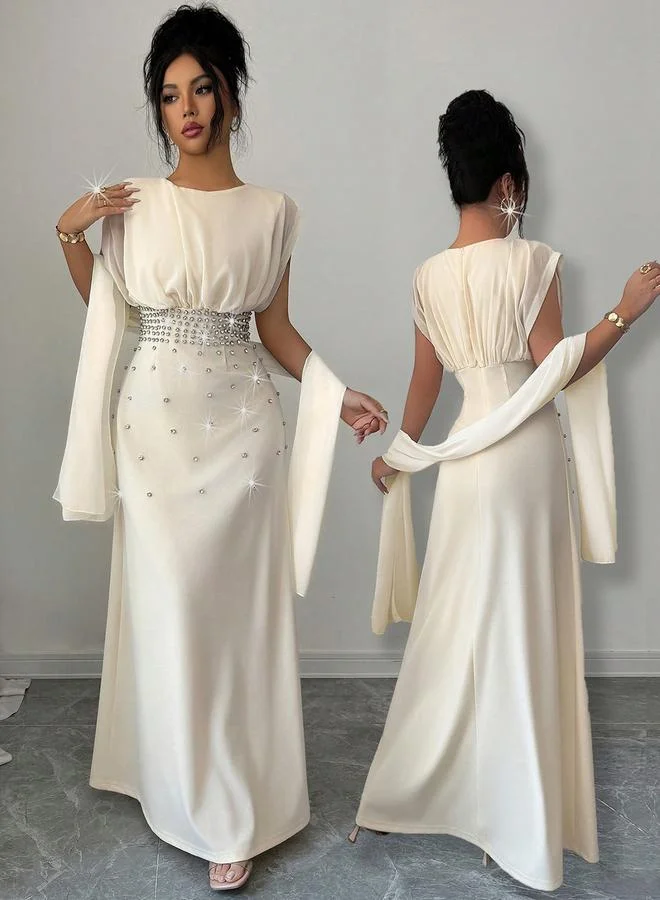 Take Two Beige A-Line Maxi Dress with Embellished Waist