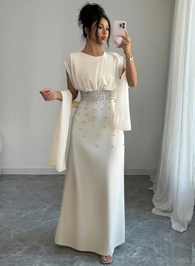 Take Two Beige A-Line Maxi Dress with Embellished Waist