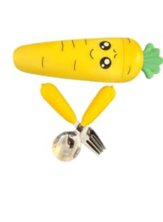 Kids Utensils Set 2Pcs Stainless Steel Fork and Spoon with Storage Case Reusable Cutlery for Toddlers Children Yellow Building Block Design - Image 1