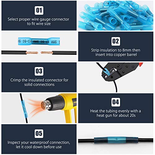 VAMRONE Heat Shrink Butt Wire Connectors, 100Pcs 16-14 AWG Blue Insulated Waterproof Electrical Wire Connectors Automotive Marine Grade Wire Crimp Terminals Butt Splices, Ideal for Boat, Truck, Stereo Blue - Image 5