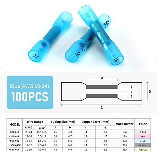 VAMRONE Heat Shrink Butt Wire Connectors, 100Pcs 16-14 AWG Blue Insulated Waterproof Electrical Wire Connectors Automotive Marine Grade Wire Crimp Terminals Butt Splices, Ideal for Boat, Truck, Stereo Blue - Image 2