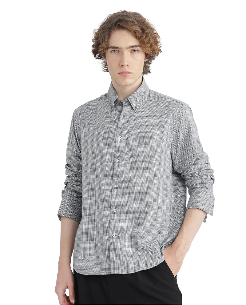 رير رابِت Rare Rabbit Men's Pankal Black Cotton Fabric Full Sleeve Oversized Fit Checks Shirt