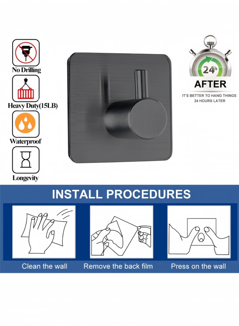 nihao خطاف معطف وعباءة من الفولاذ المقاوم للصدأ 6 قطع، خطافات مناشف ثقيلة على الحائط، خطافات دش للحمام والمطبخ - أسود 4.5x4.5x2.6 سم - Image 3
