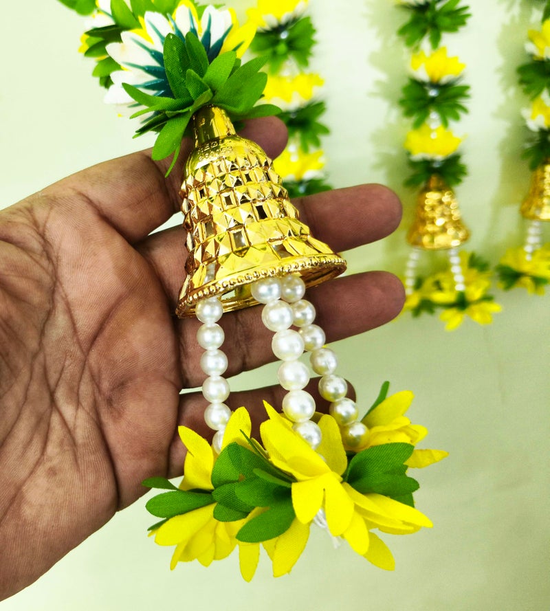 Afarza Toran Garland for Door Decoration Festival Wedding Backdrop Haldi Mehndi Home Decor Hanging with Golden Bells, 6 Pieces (Yellow White) - Image 3