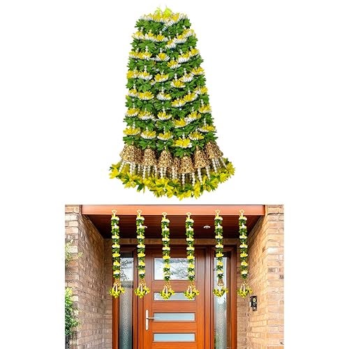 Afarza Toran Garland for Door Decoration Festival Wedding Backdrop Haldi Mehndi Home Decor Hanging with Golden Bells, 6 Pieces (Yellow White) - Image 1