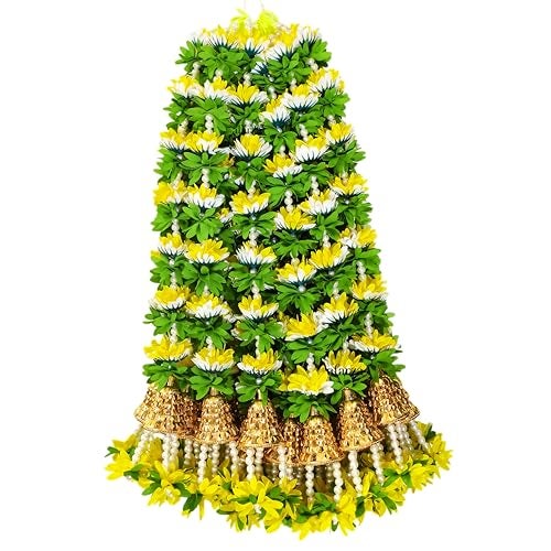 Afarza Toran Garland for Door Decoration Festival Wedding Backdrop Haldi Mehndi Home Decor Hanging with Golden Bells, 6 Pieces (Yellow White) - Image 2