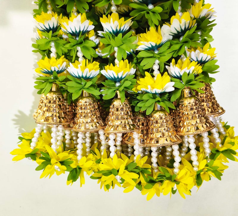 Afarza Toran Garland for Door Decoration Festival Wedding Backdrop Haldi Mehndi Home Decor Hanging with Golden Bells, 6 Pieces (Yellow White) - Image 5