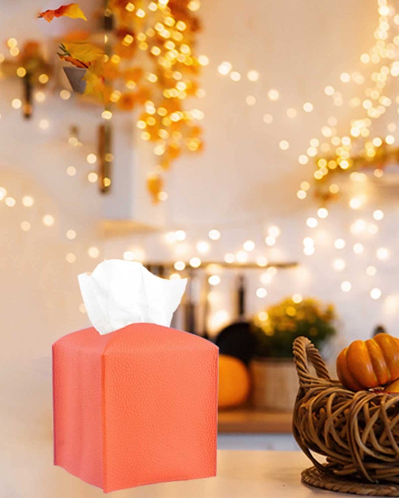 JESMINI Orange Tissue Box Cover Square – Tissue Box Holder with Bottom Belt [JESMINI] Modern PU Leather Tissue Holder for Home Fall Decoration - Image 3
