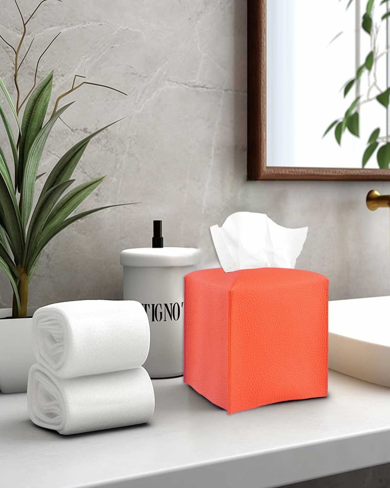 JESMINI Orange Tissue Box Cover Square – Tissue Box Holder with Bottom Belt [JESMINI] Modern PU Leather Tissue Holder for Home Fall Decoration - Image 5