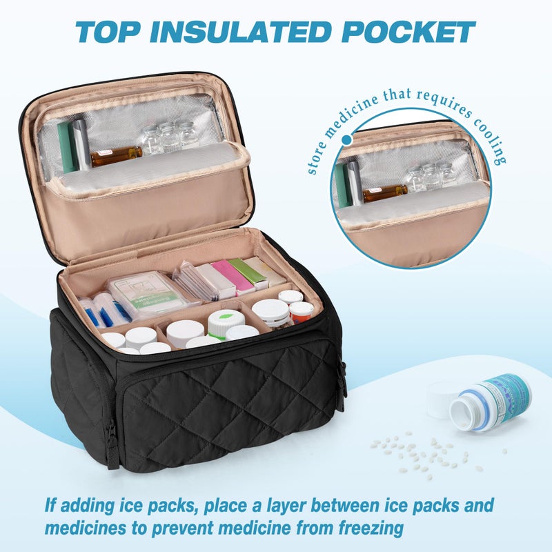 Marscamd Medicine Organizer Bag with Insulated Pocket for Travel, Pill Bottle Storage Case with 4 Customized Dividers for Medication, Insulin and First Aid Supplies, Black (BAG ONLY) - Image 3