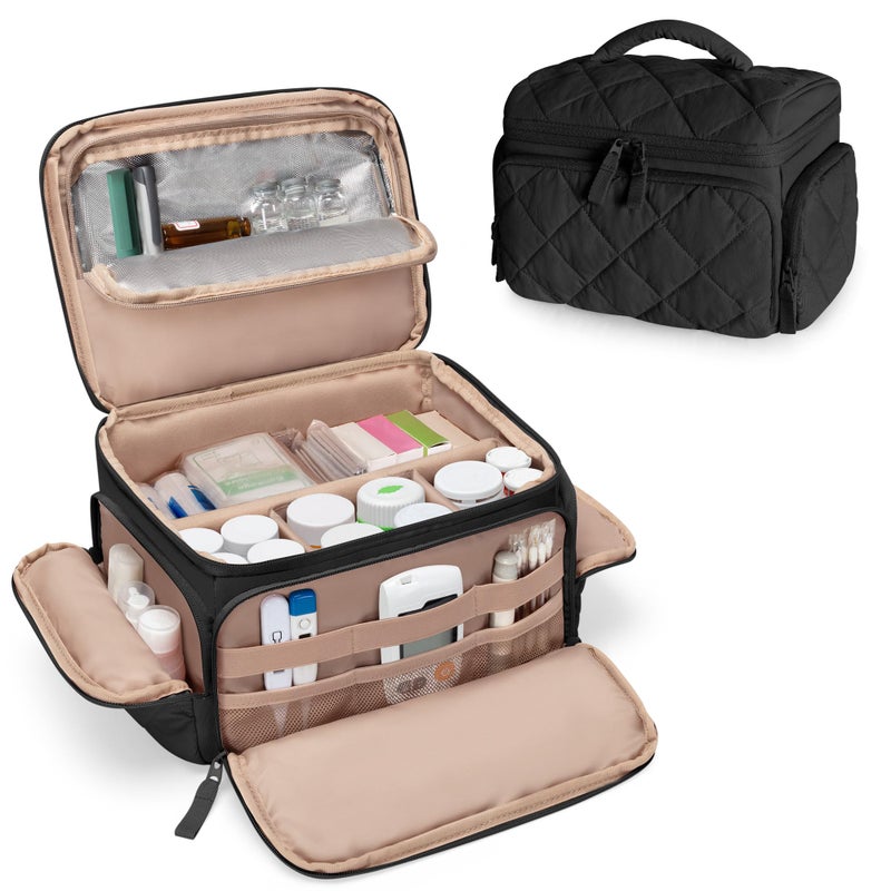 Marscamd Medicine Organizer Bag with Insulated Pocket for Travel, Pill Bottle Storage Case with 4 Customized Dividers for Medication, Insulin and First Aid Supplies, Black (BAG ONLY) - Image 1