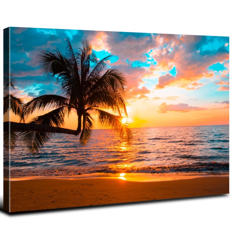 YOOOAHU Sunset Beach Wall Art Tropical Palm Tree Wall Decor Coastal Landscape Pictures for Living Room Ocean Landscape Canvas Painting Nature Seascape Poster Prints Artwork Bathroom Home Decorations 12x16 - Image 2