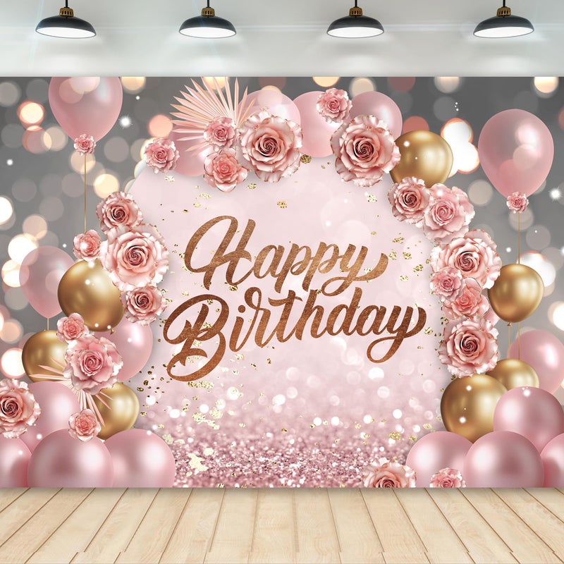 Newsely Rose Gold Happy Birthday Backdrop 7Wx5H Photography for Girls Women Pink Floral Flower Balloons Arch Modern Elegant Background Aesthetic Party Decorations Banner Photo Booth Props Supplies - Image 1