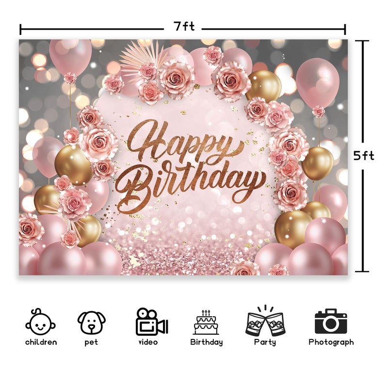 Newsely Rose Gold Happy Birthday Backdrop 7Wx5H Photography for Girls Women Pink Floral Flower Balloons Arch Modern Elegant Background Aesthetic Party Decorations Banner Photo Booth Props Supplies - Image 4